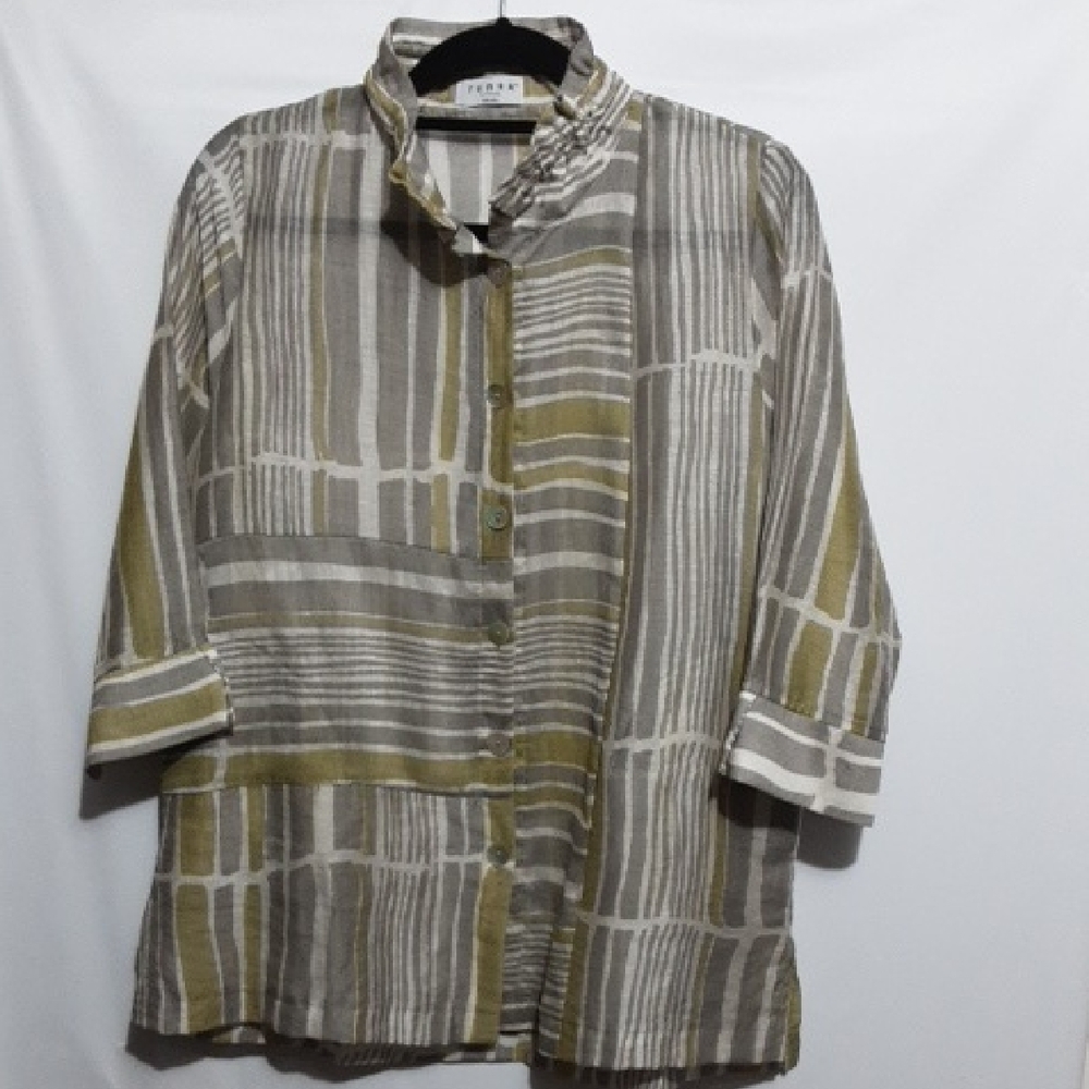 TERRA ST APPAREL Striped Button-Up Stand-Up Collar Shirt/ Bl9use
